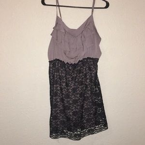 Purple ruffle, black lace dress